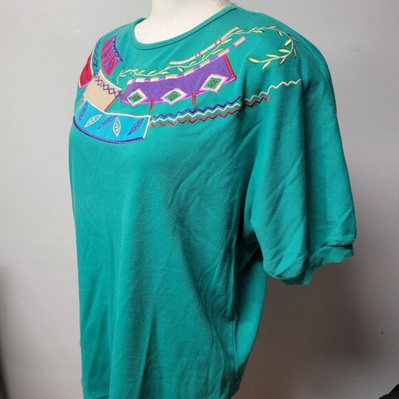 Koret Francisca Shirt Green Embroidered 80s Shoulder Pads Vintage Womens M Tribe - Picture 3 of 9